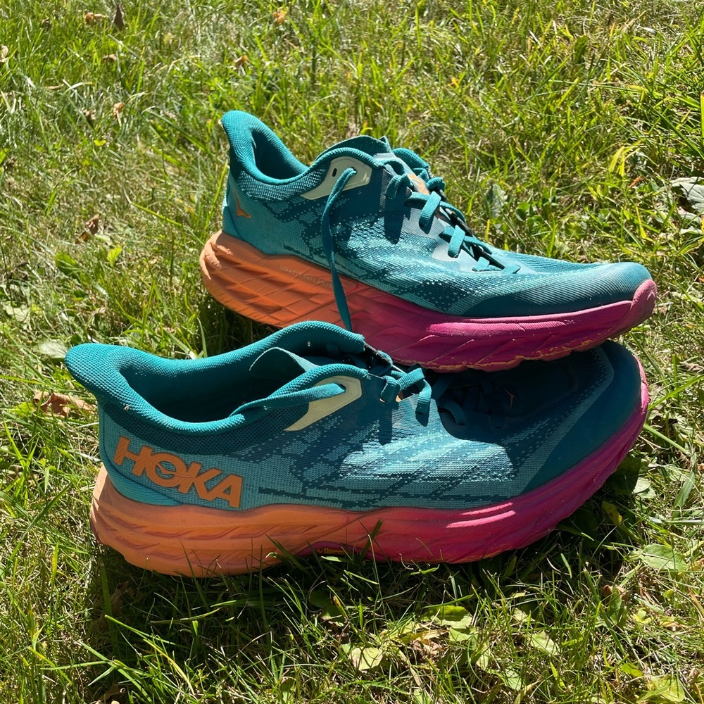 Hoka Teal Blue Running Shoes with Pink and Orange Midsole